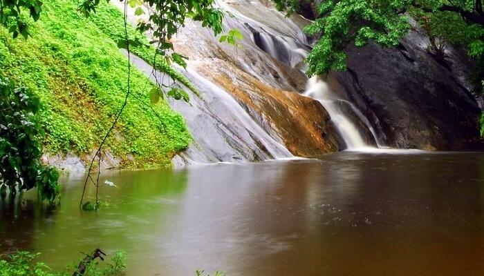 Front view of Dhoni Waterfalls, lying in Dhoni village is located about 15 Kilometres from Palakkad town in Kerala.