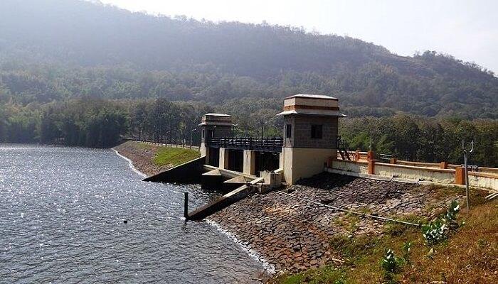Side view of Parambikulam Dam, an embankment dam on the Parambikulam River located in Palakkad in the Western Ghats of Kerala.