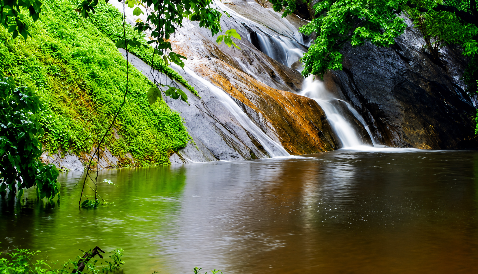 Front view of Dhoni Waterfalls, lying in Dhoni village is located about 15 Kilometres from Palakkad town in Kerala.
