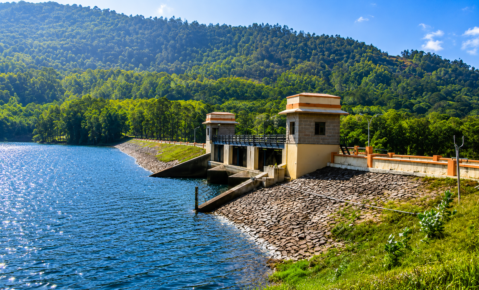 Side view of Parambikulam Dam, an embankment dam on the Parambikulam River located in Palakkad in the Western Ghats of Kerala.