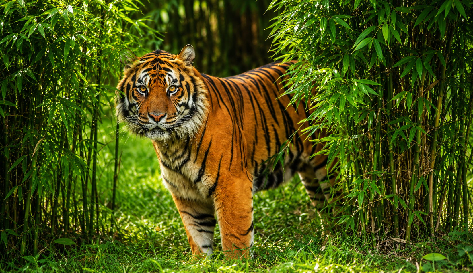 A majestic tiger between the bushes of Silent Valley National Park, Palakkad, Kerala.