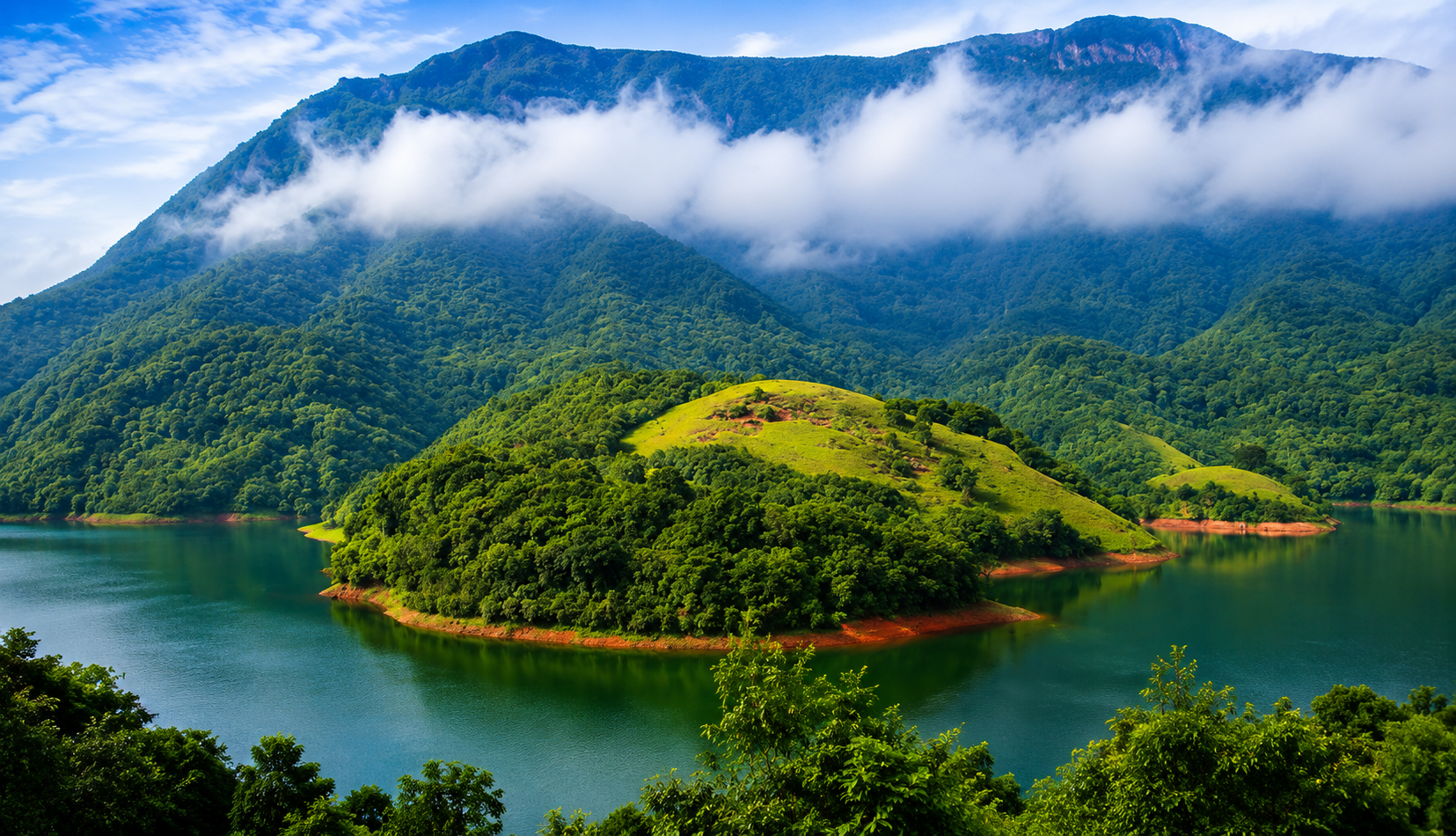 A panorama view of the Siruvani Dam, Palakkad, Kerala, a big tourist attractions in Southern India.